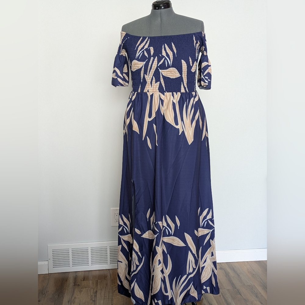 Elegant Navy Blue Leaf Print Maxi Dress
